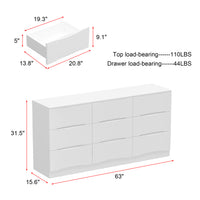 63" Elegant White 9-Drawer Dresser with Recessed Pulls