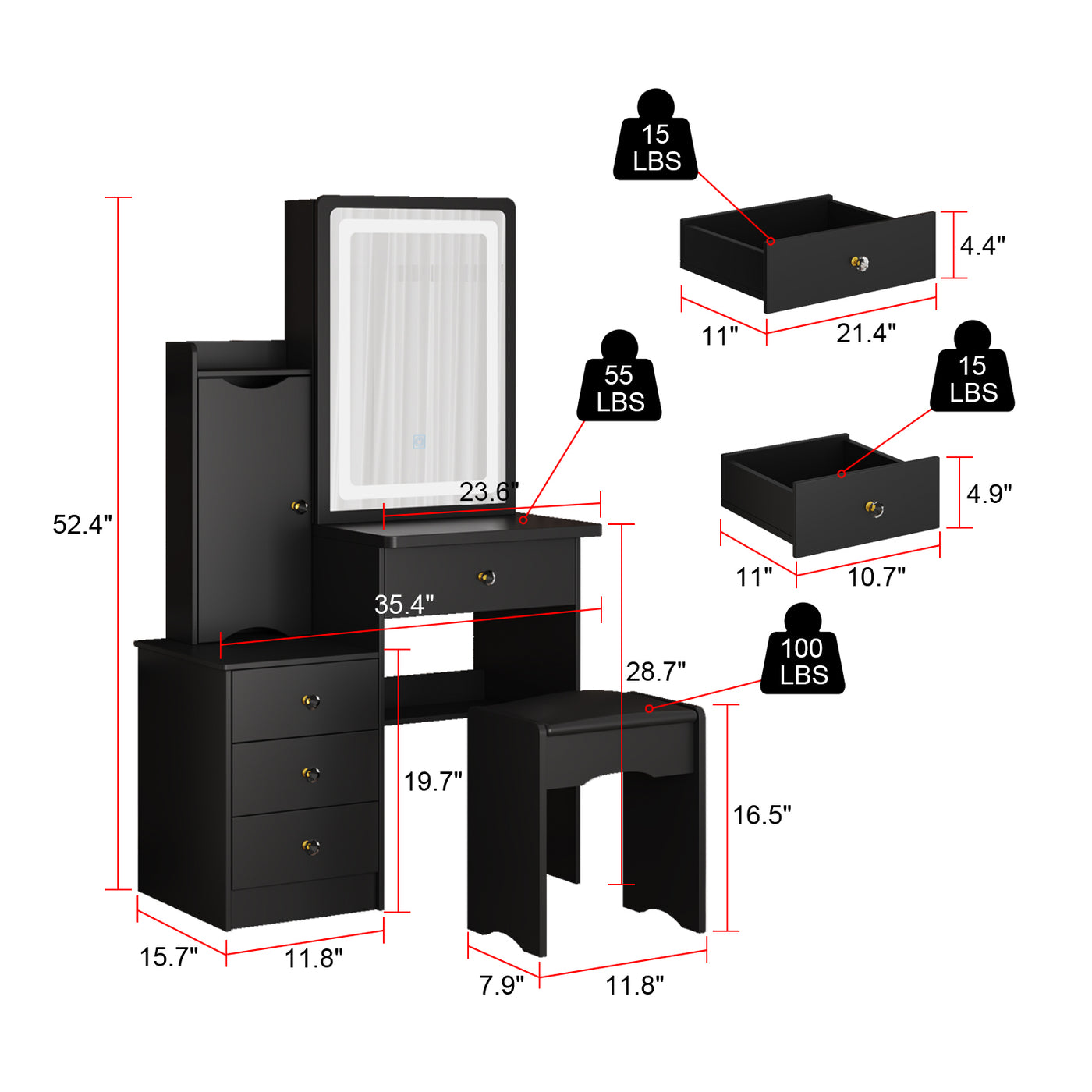 35.4" Modern White/Black Vanity Set with Sliding Mirror, 4 Drawers, Shelves and Cushioned Stool