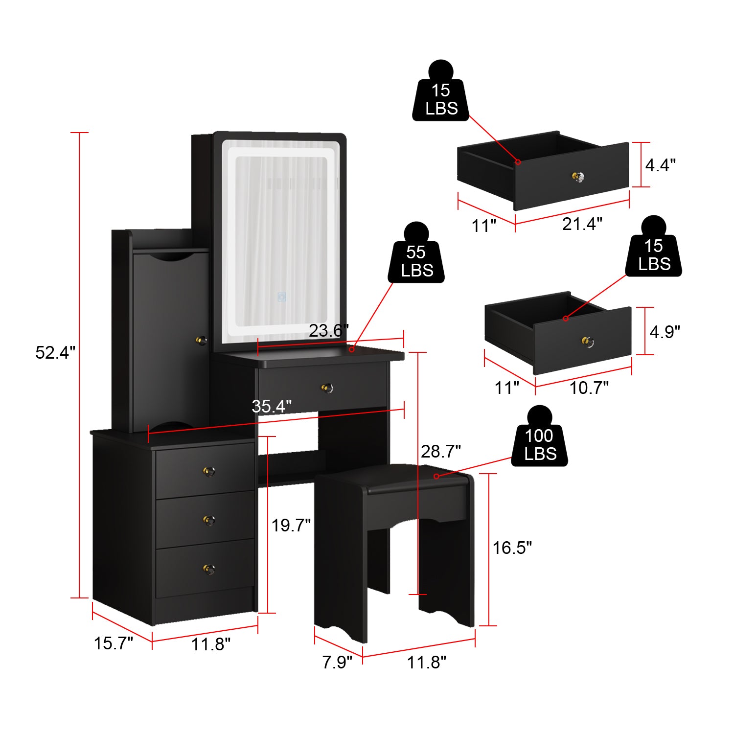 Vanity Set With Sliding Mirror, 4 Drawers, Shelves & Cushioned Stool