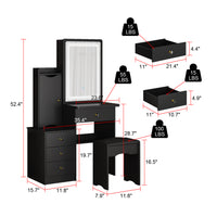 35.4" Modern White/Black Vanity Set with Sliding Mirror, 4 Drawers, Shelves and Cushioned Stool
