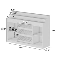 56.3" Modern White Wine Bar Cabinet With Light, Home Coffee Cabinet With Wine Shelf And Glass Top