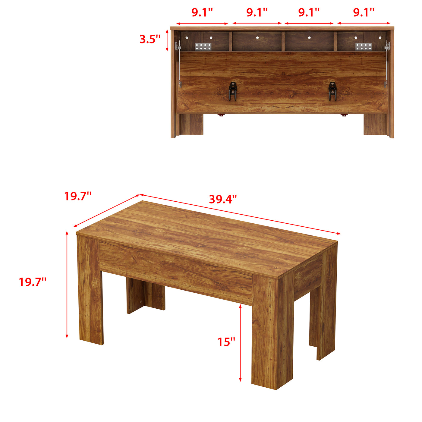 39.4" Traditional Brown Coffee Table with 4 Hidden Compartments