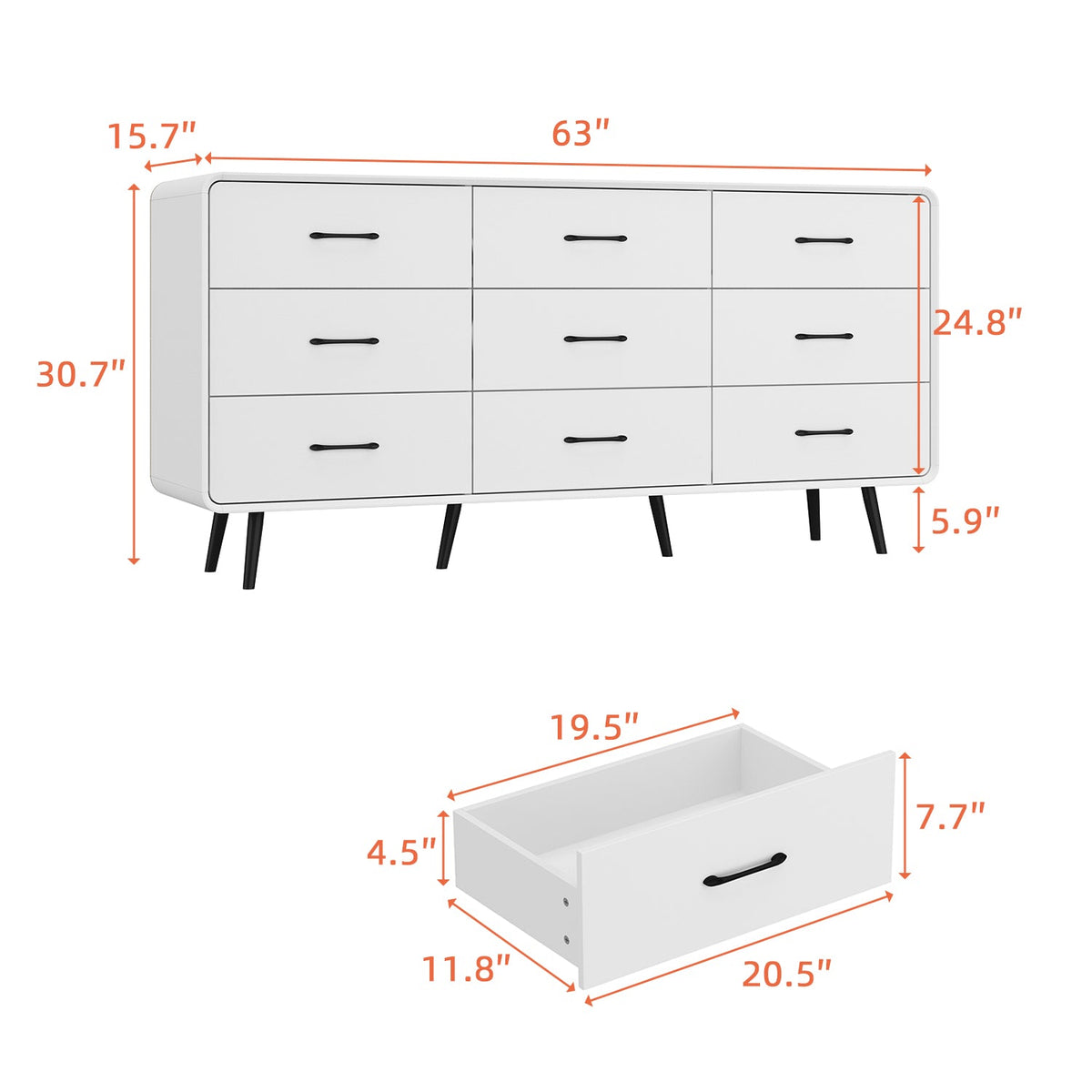 63" Modern White Rectangular Dresser With Nine Drawers And Metal Legs