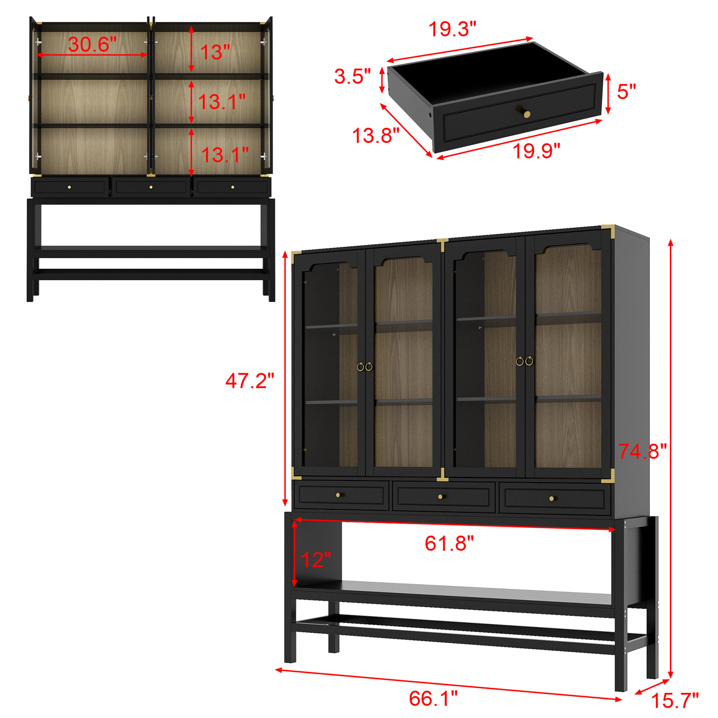 66" Modern Black Display Bookcase with Open Shelves, Glass Doors and 3 Drawers