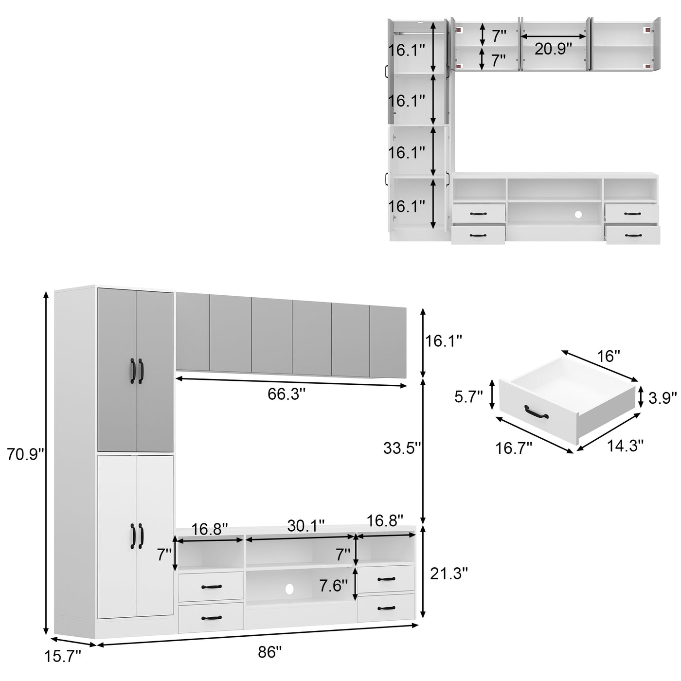 Gray bedroom furniture set with dimensions on a white background