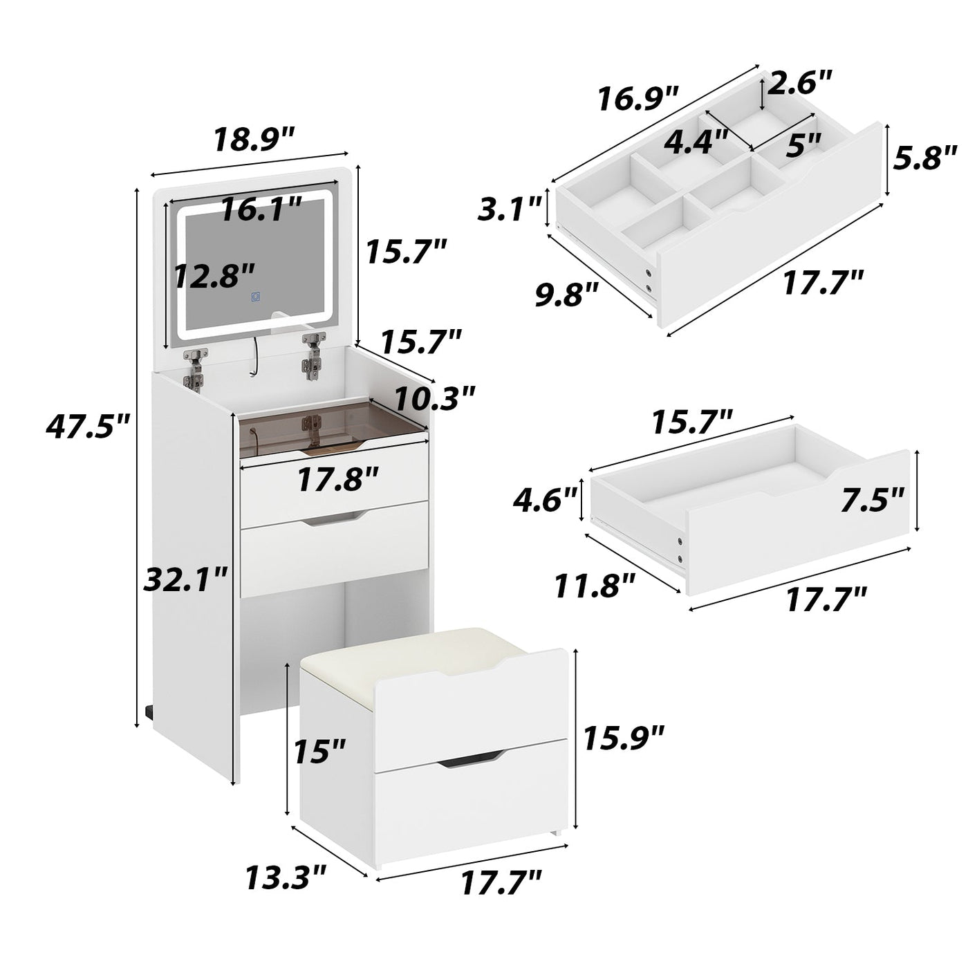 18.9" Modern White Vanity Desk With Light Flip Top Mirror And Comfortable Bench