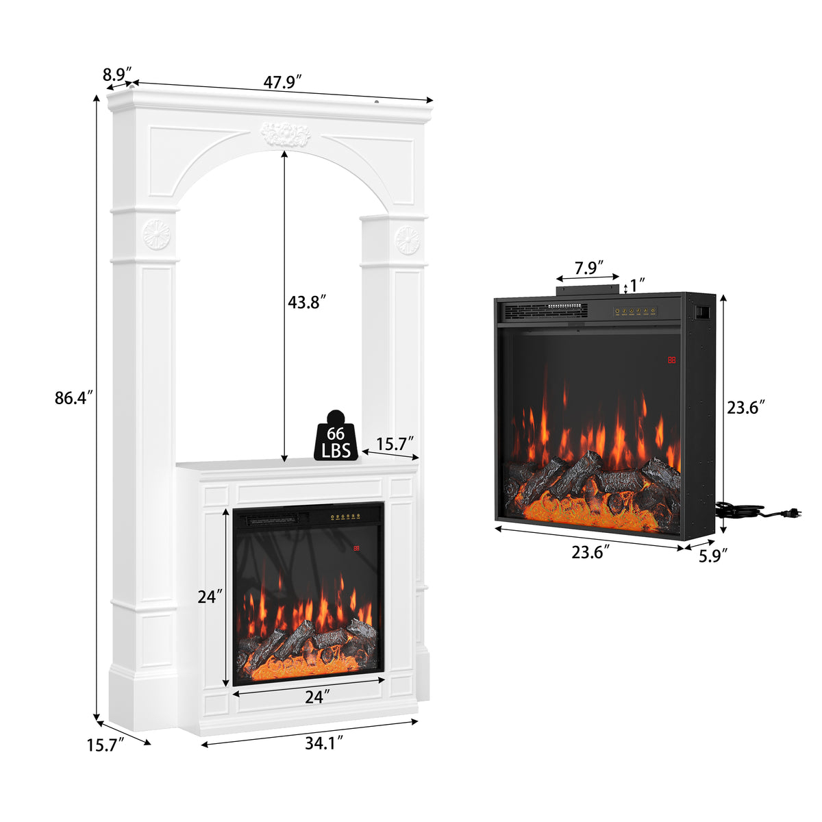 White electric fireplace with dimensions and weight displayed on a white background