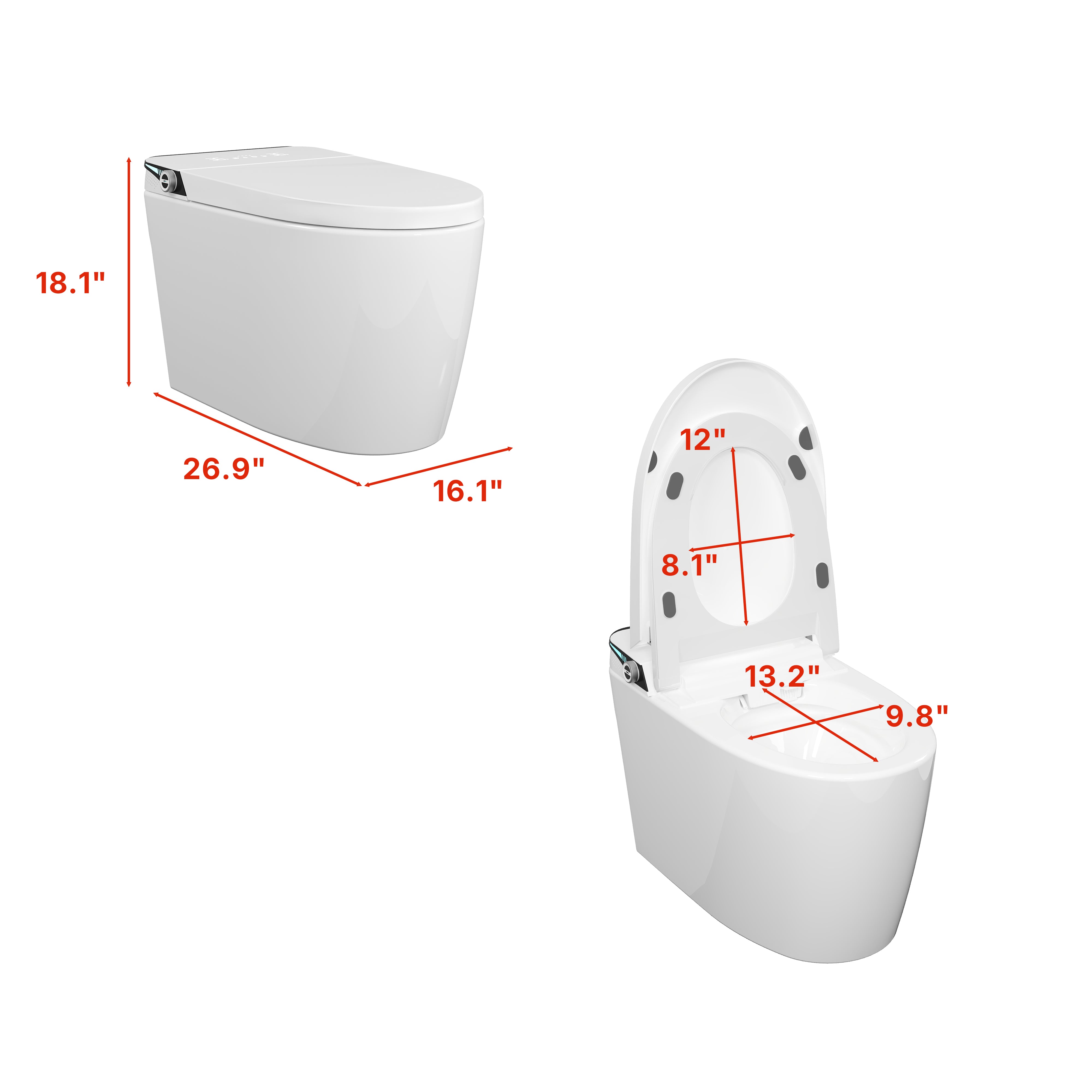 White smart toilet with digital display, and side control knob