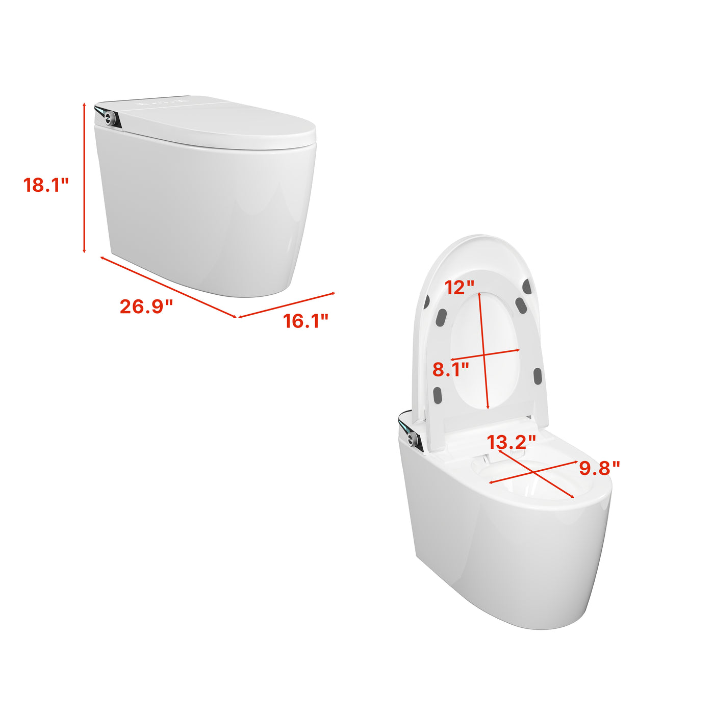 White smart toilet with digital display, and side control knob