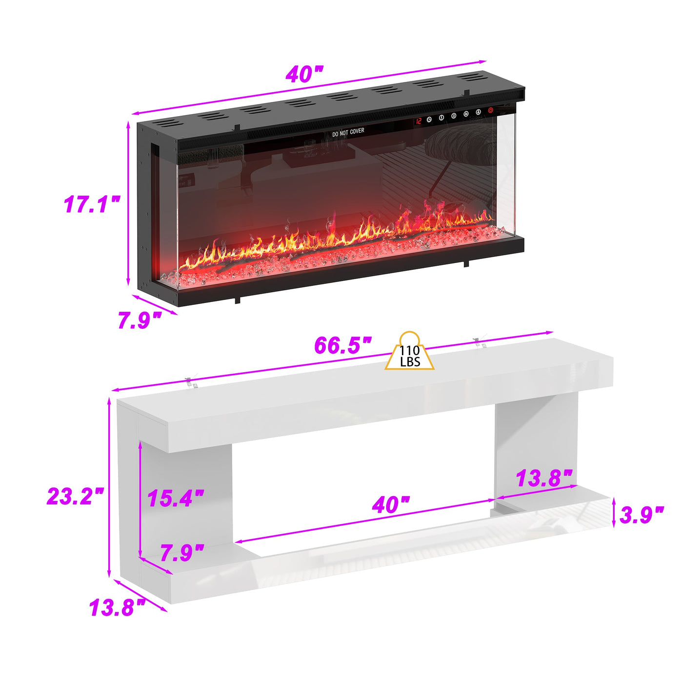 66.5" Modern Minimalist Minimalist White TV Stand With Electric Fireplace And Light