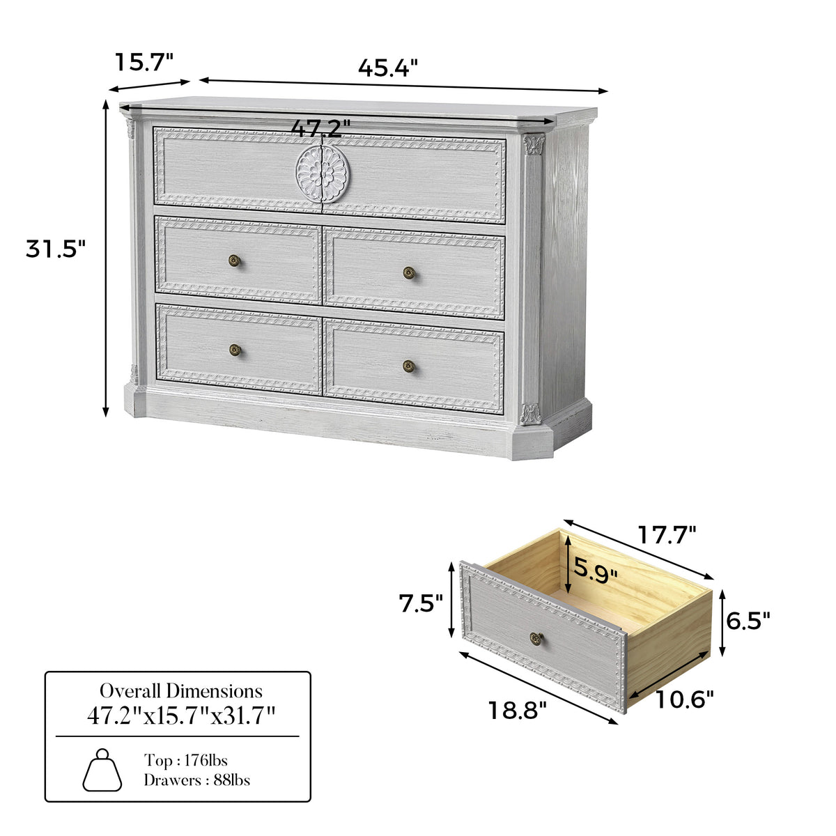 47.2" Solid Wood Chest of Drawers with Decorative Carving