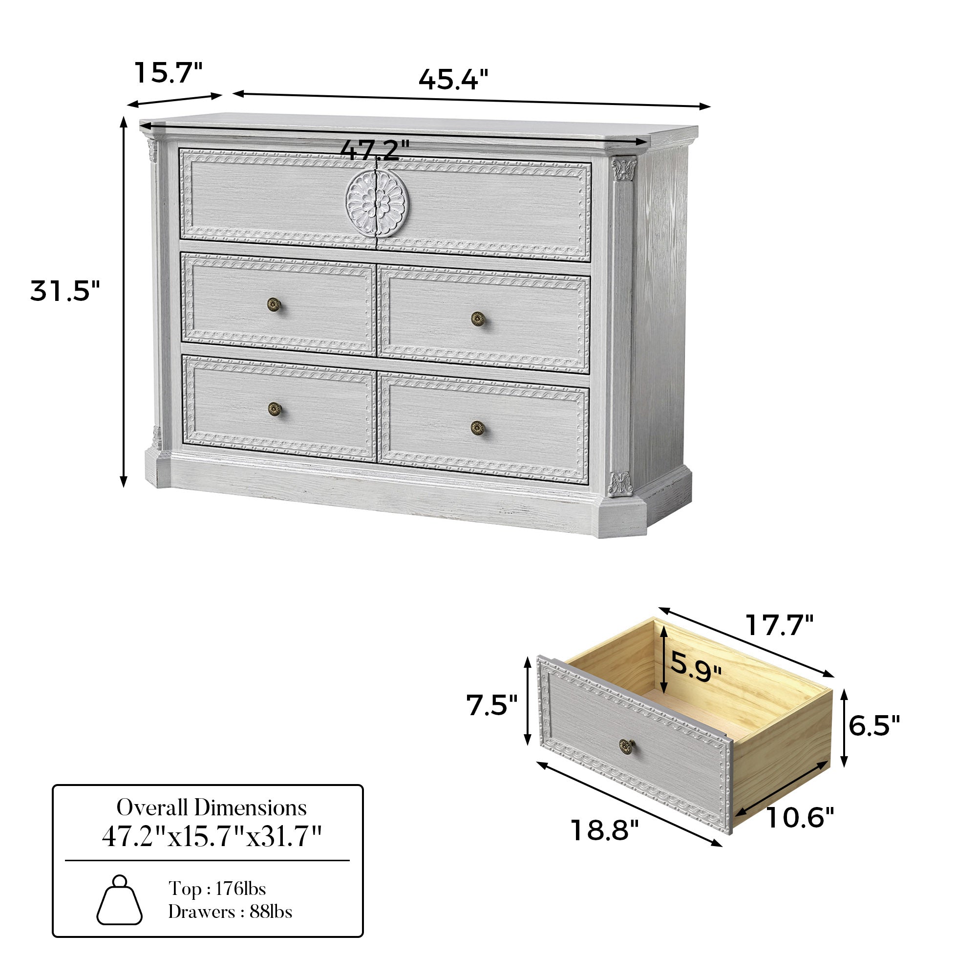 47.2 inch Solid Wood Chest of Drawers with Decorative Carving