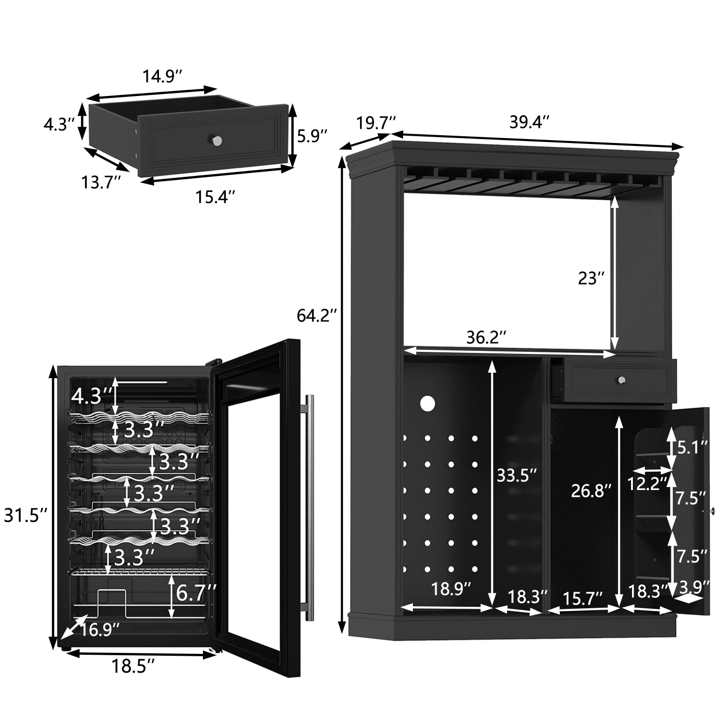 Black wine cooler with dimensions labeled on a white background