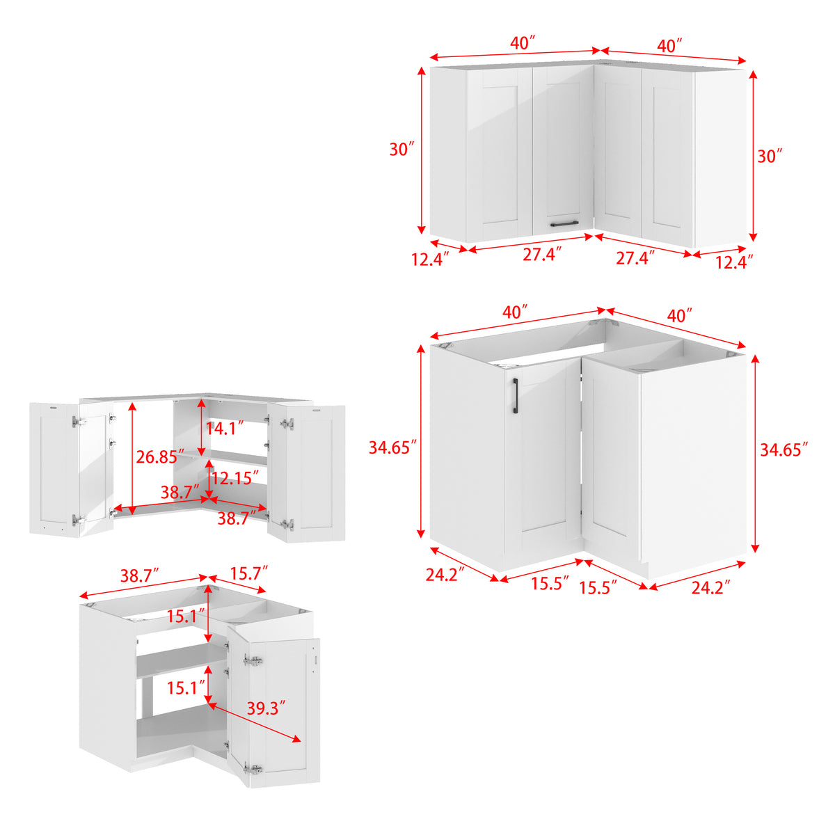40" Modern White Kitchen Pantry Cabinet with Upper & Lower Cabinets
