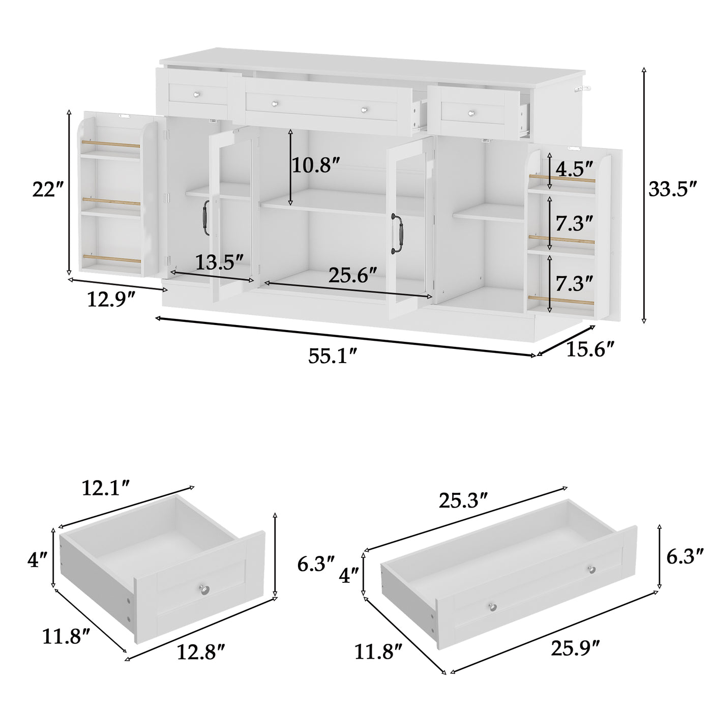 55" Modern White Sideboard Buffet Cabinet with 3 Drawers & LED Lights