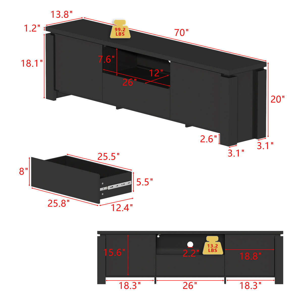 70" Modern Black TV Stand with LED Lights & Storage