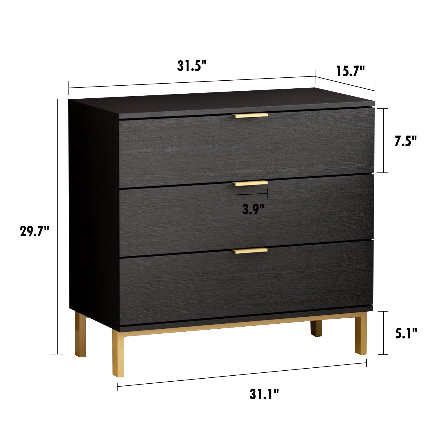 Vertical Chest 3-Drawer Nightstand Dresser Storage Sideboard with Metal Legs for Bedroom
