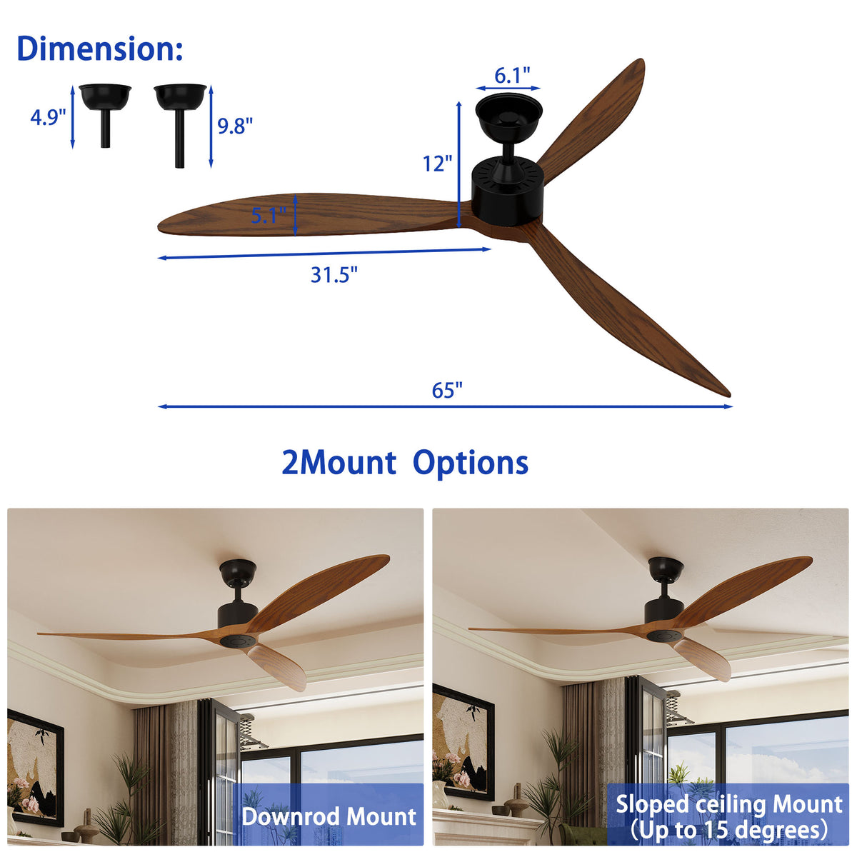 65" Modern Walnut Ceiling Fan with 3 Wood Blades