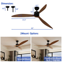 65" Modern Walnut Ceiling Fan with 3 Wood Blades
