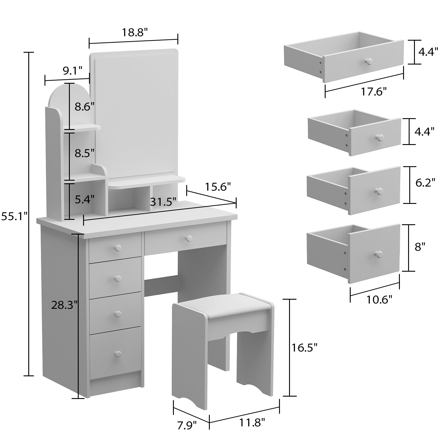 Modern Vanity Desk With LED Mirror, 5 Drawers, Shelves And Matching Stool, Makeup Dressing Table