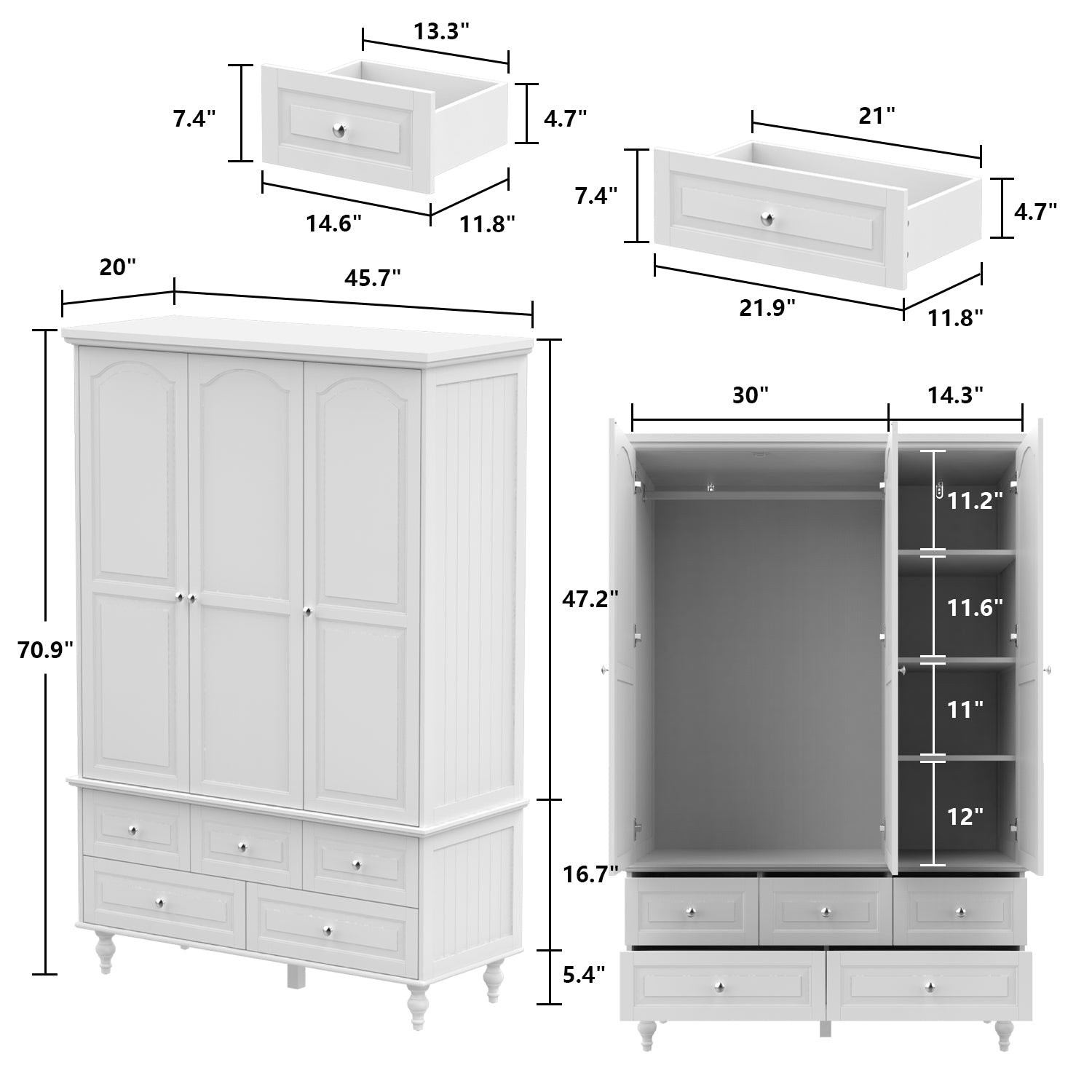 Large Armoire Closet Organizer Wardrobe with 3 Doors 5 Drawers