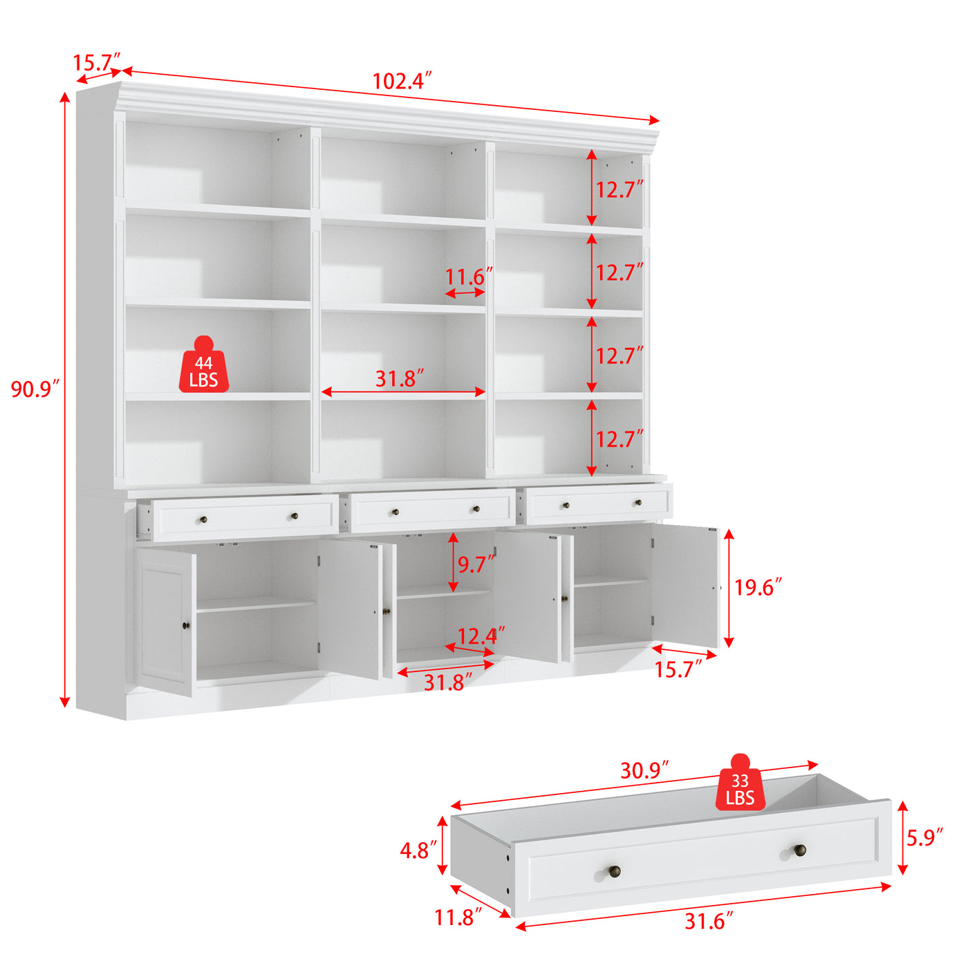 102.4" White 6‑Tier Open Bookcase Storage Cabinet with 3 Drawers & 6 Closed Base Doors