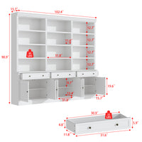 102.4" White 6‑Tier Open Bookcase Storage Cabinet with 3 Drawers & 6 Closed Base Doors