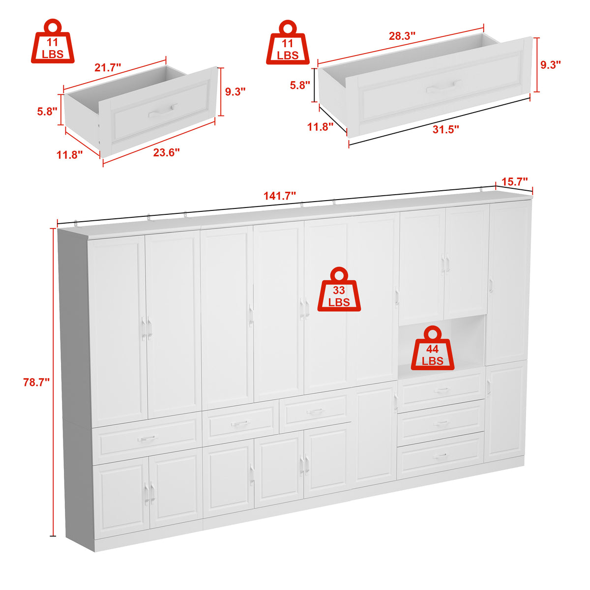 Vila 141.7" White Bookcases & Display Cabinets with 6 Drawers and Open Shelf