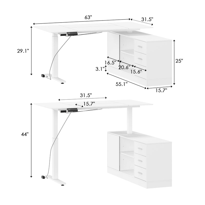63 inches Modern Minimalist White Standing Desk With 3 Drawers, 2 Exterior Shelves, Electric Lift