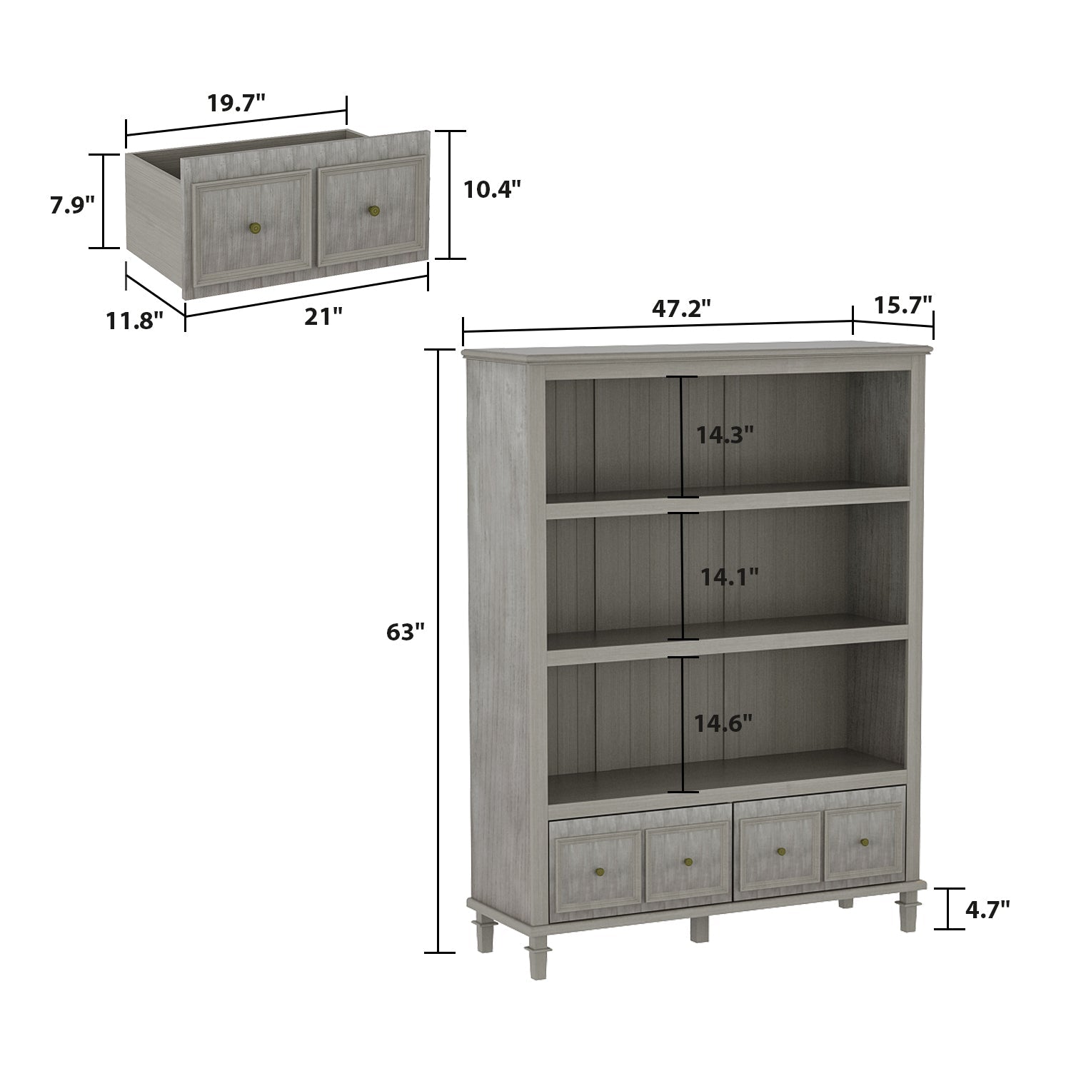 Bookshelf Cabinet Large Grey Sideboard with 3-Tier Open Shelf & 2 Drawers