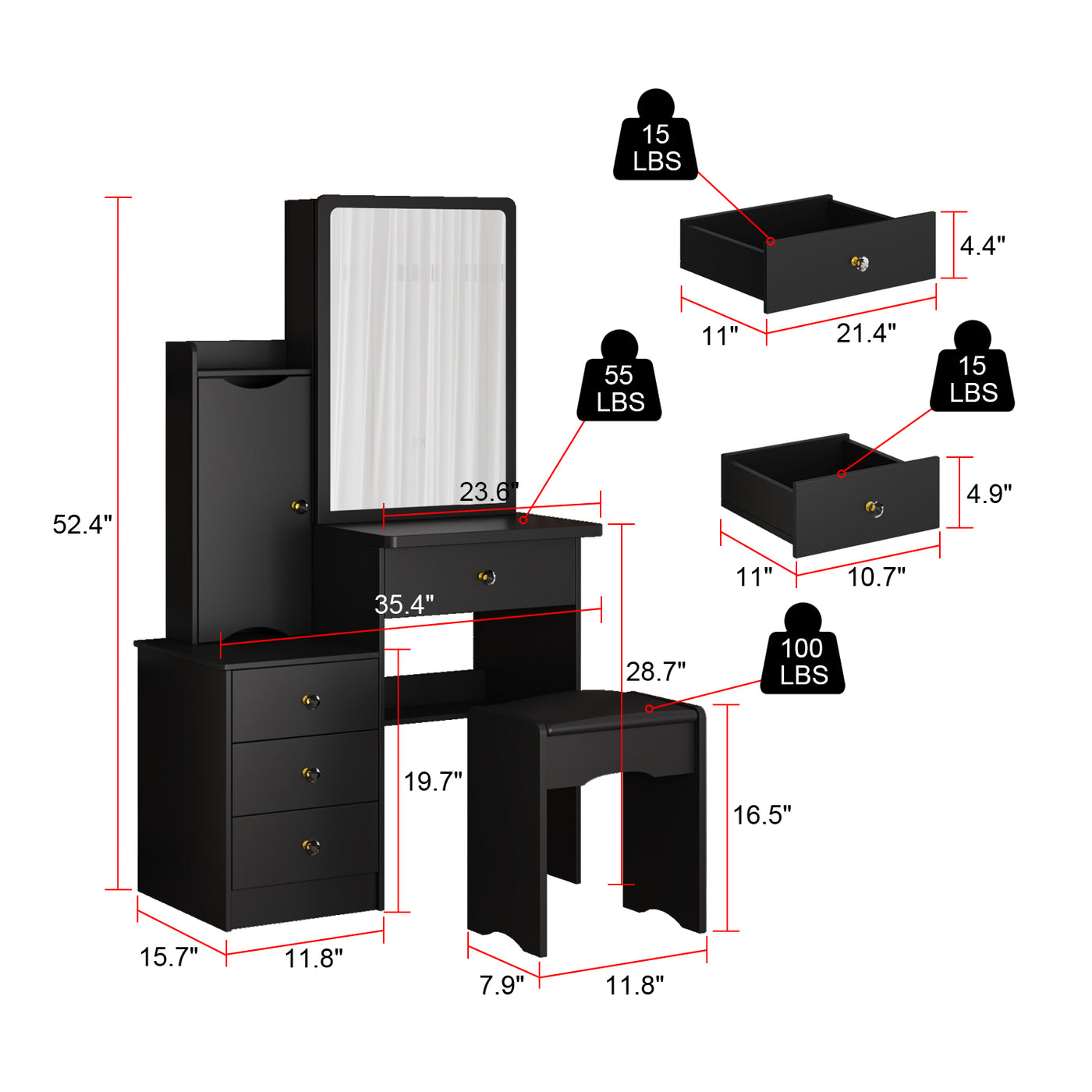 35.4" Modern White/Black Vanity Set with Sliding Mirror, 4 Drawers, Shelves and Cushioned Stool