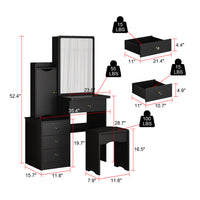 35.4" Modern White/Black Vanity Set with Sliding Mirror, 4 Drawers, Shelves and Cushioned Stool