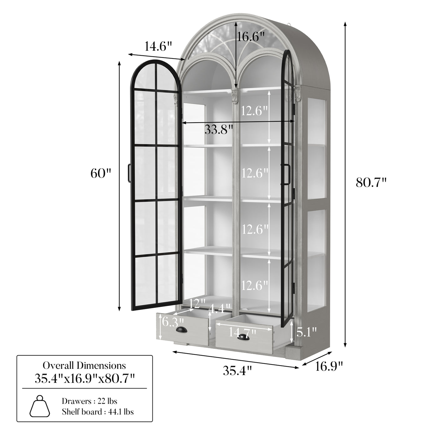 Arched display cabinet with glass doors and drawers