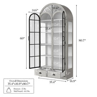 Arched display cabinet with glass doors and drawers