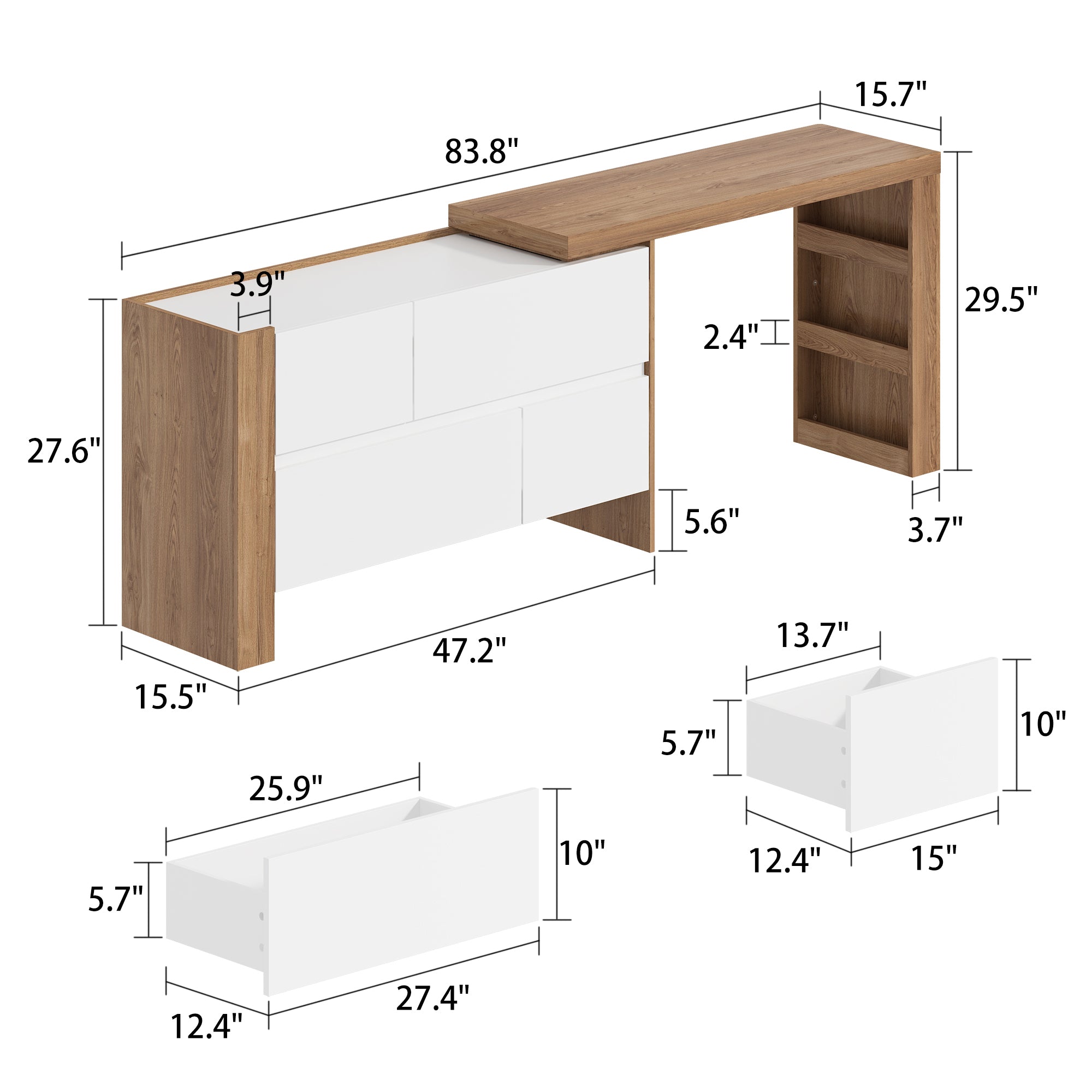 L-Shaped Modern Vanity Set with Adjustable Storage and 4 Drawer Chest