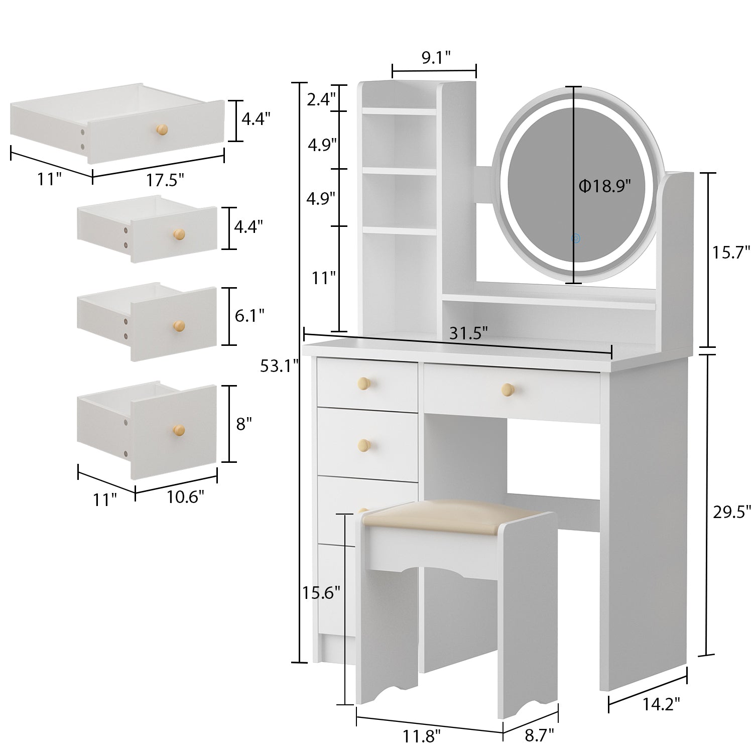 Makeup Vanity Set with LED Mirror, Cushioned Stool, 5 Drawers & Display Shelves