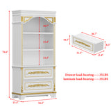 White cabinet with gold accents and dimensions labeled