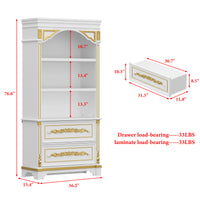 White cabinet with gold accents and dimensions labeled