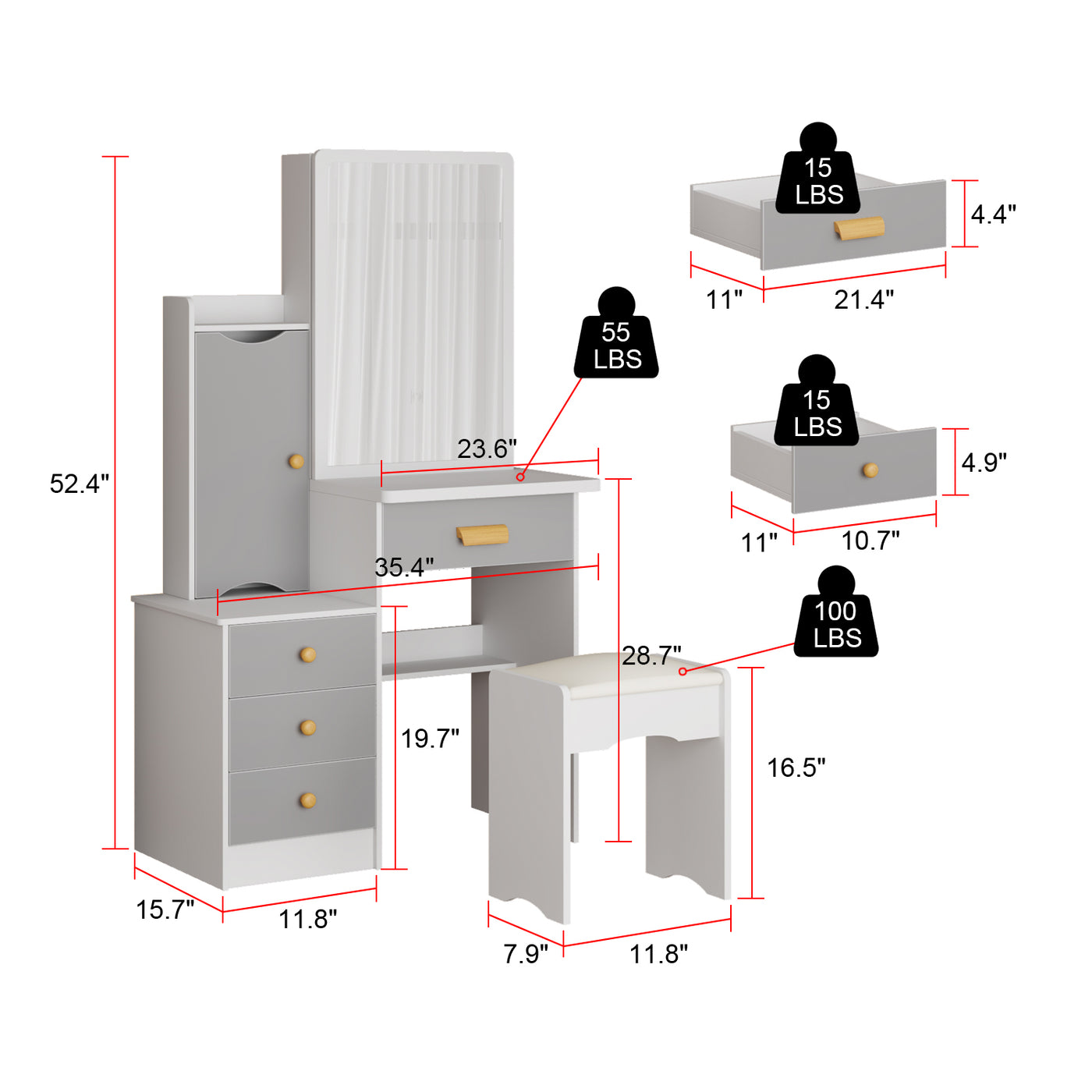 35.4" Modern White/Black Vanity Set with Sliding Mirror, 4 Drawers, Shelves and Cushioned Stool