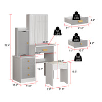 35.4" Modern White/Black Vanity Set with Sliding Mirror, 4 Drawers, Shelves and Cushioned Stool