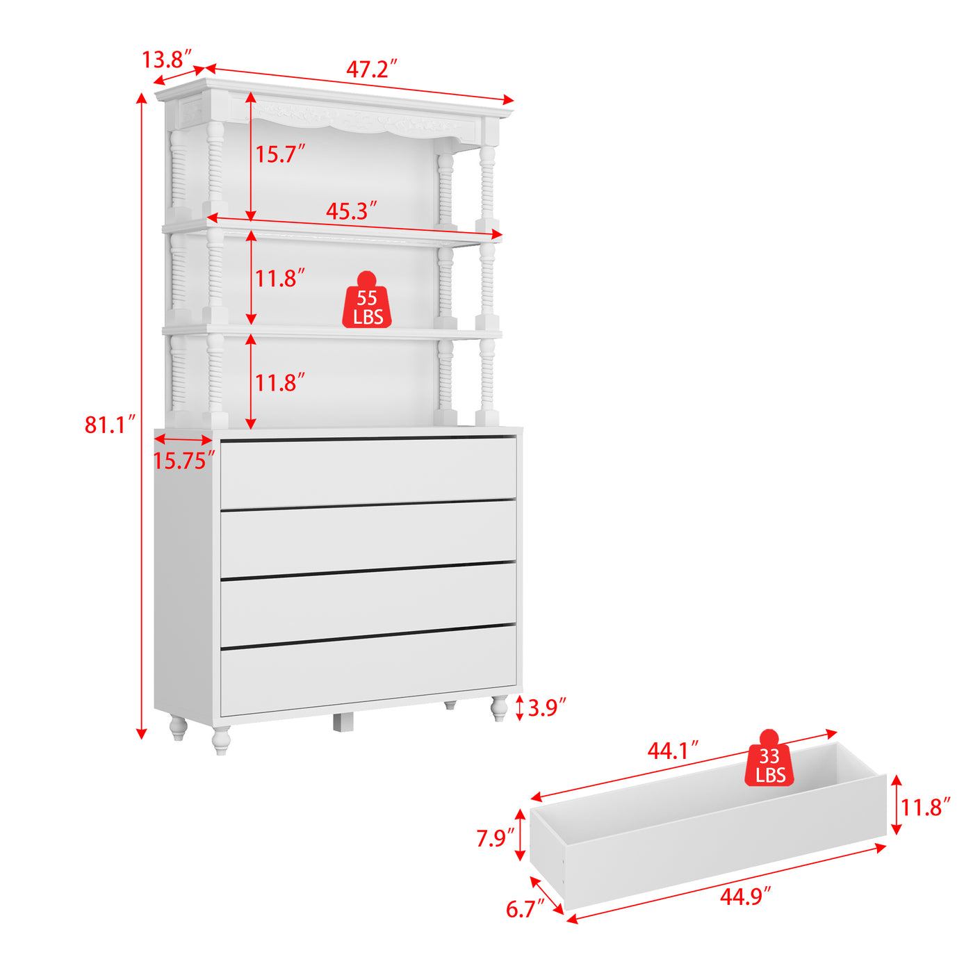 47.2" Contemporary White Display Cabinet with LED Lighting & Glass Doors