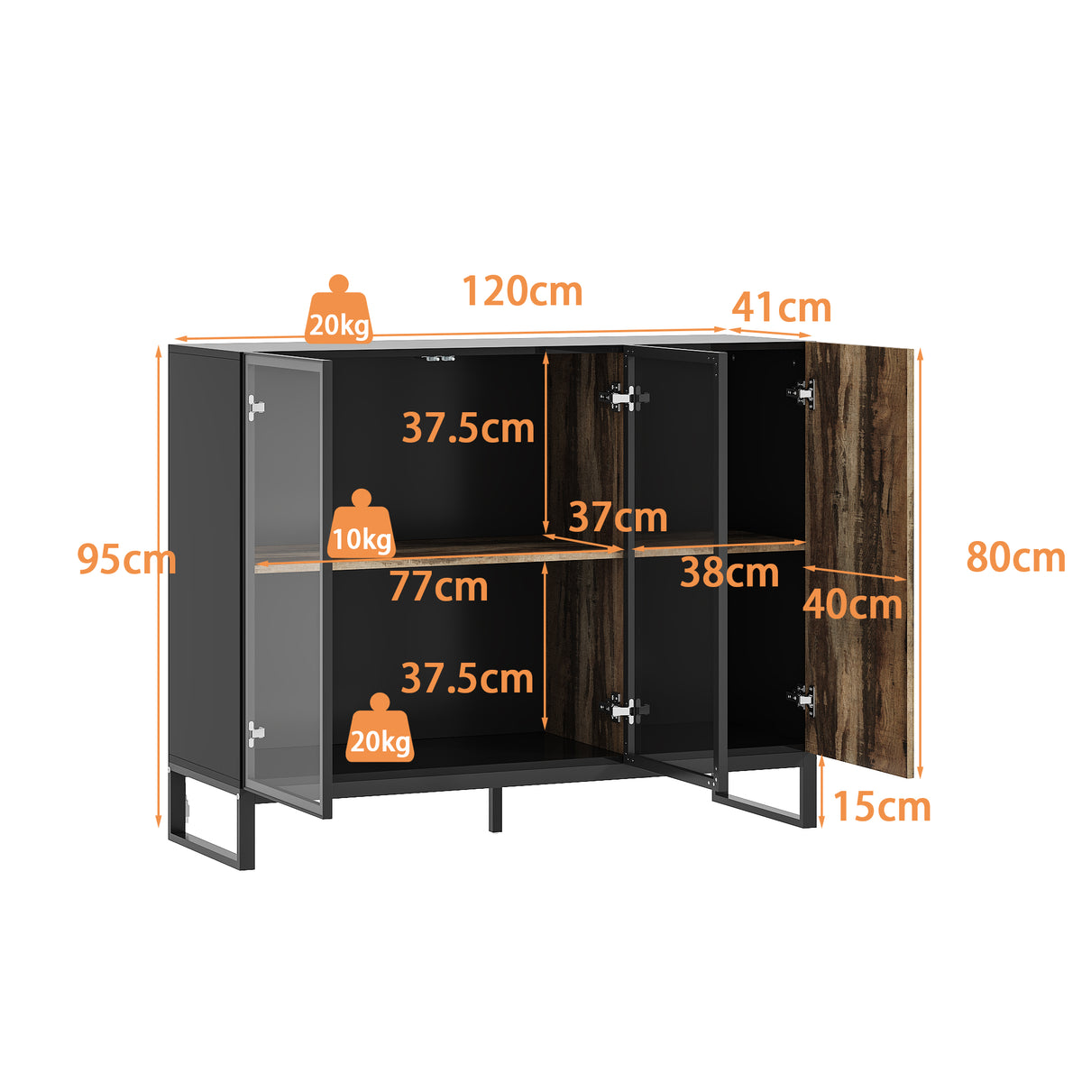 47.2" Black Sideboard Buffet Cabinet with LED Lights and Glass Doors