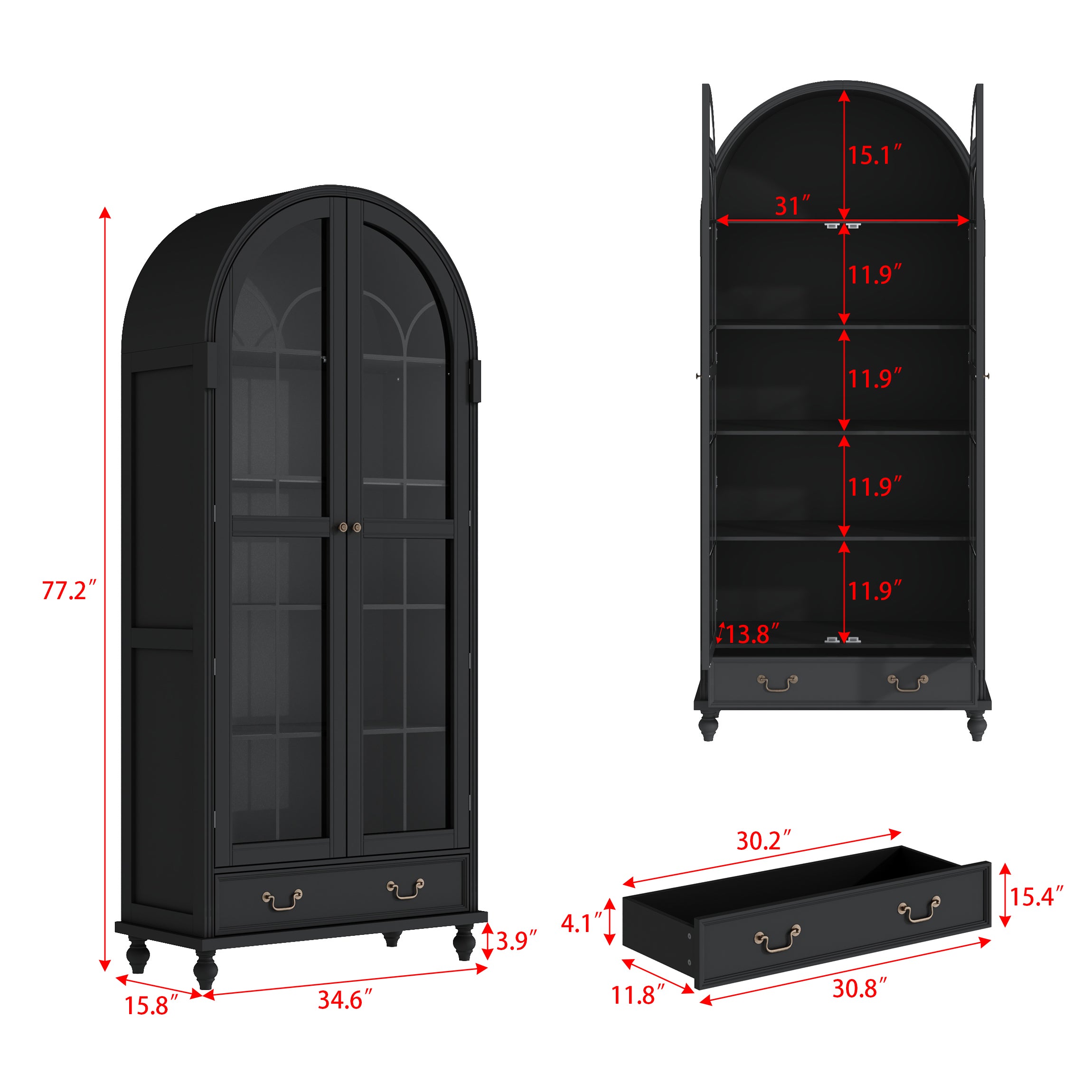 77'' H 2-Drawer Arched 5-Tier Bookcase Display Cabinet With Glass Doors