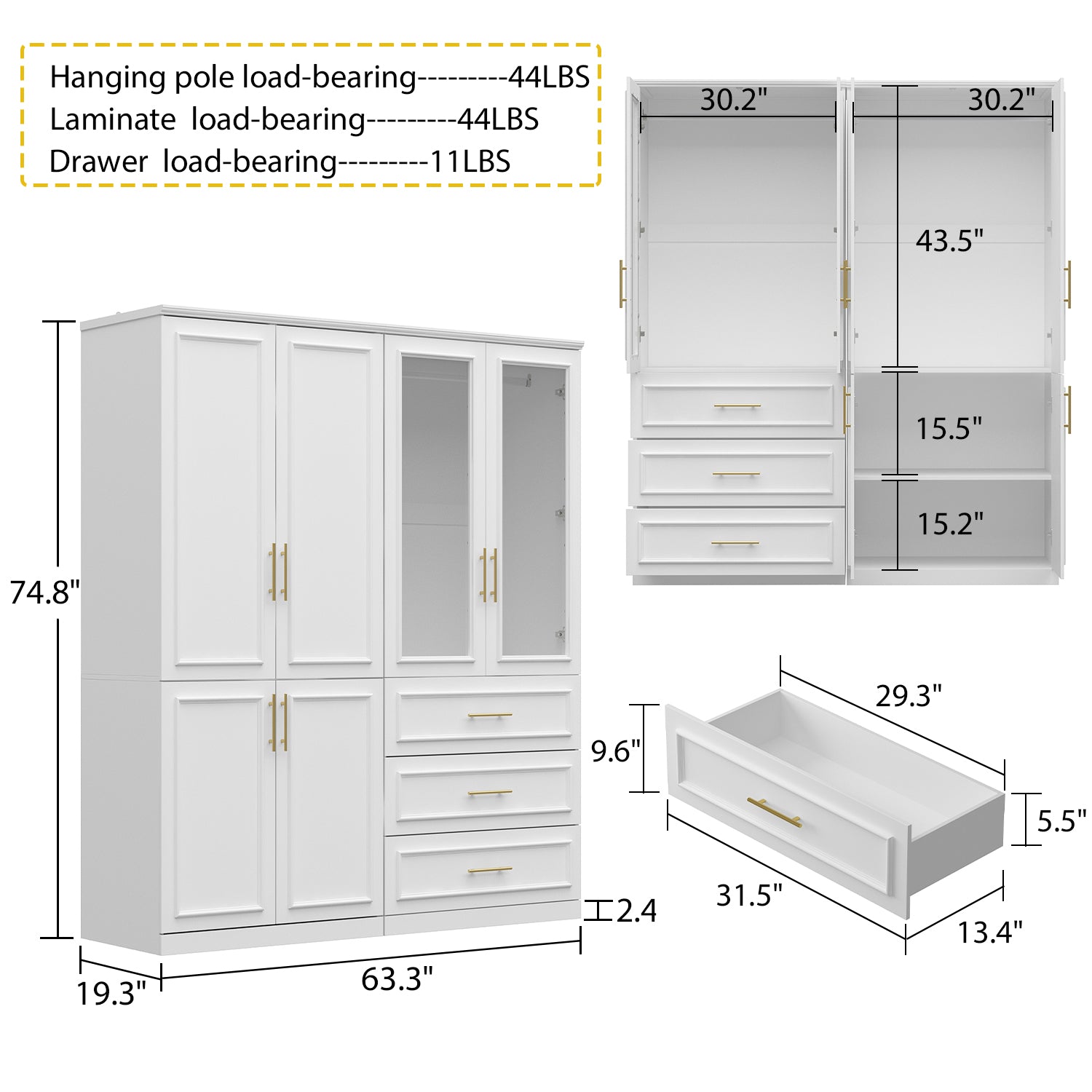 74.9" H x 63.3" W 6 Door Armoire with Drawers