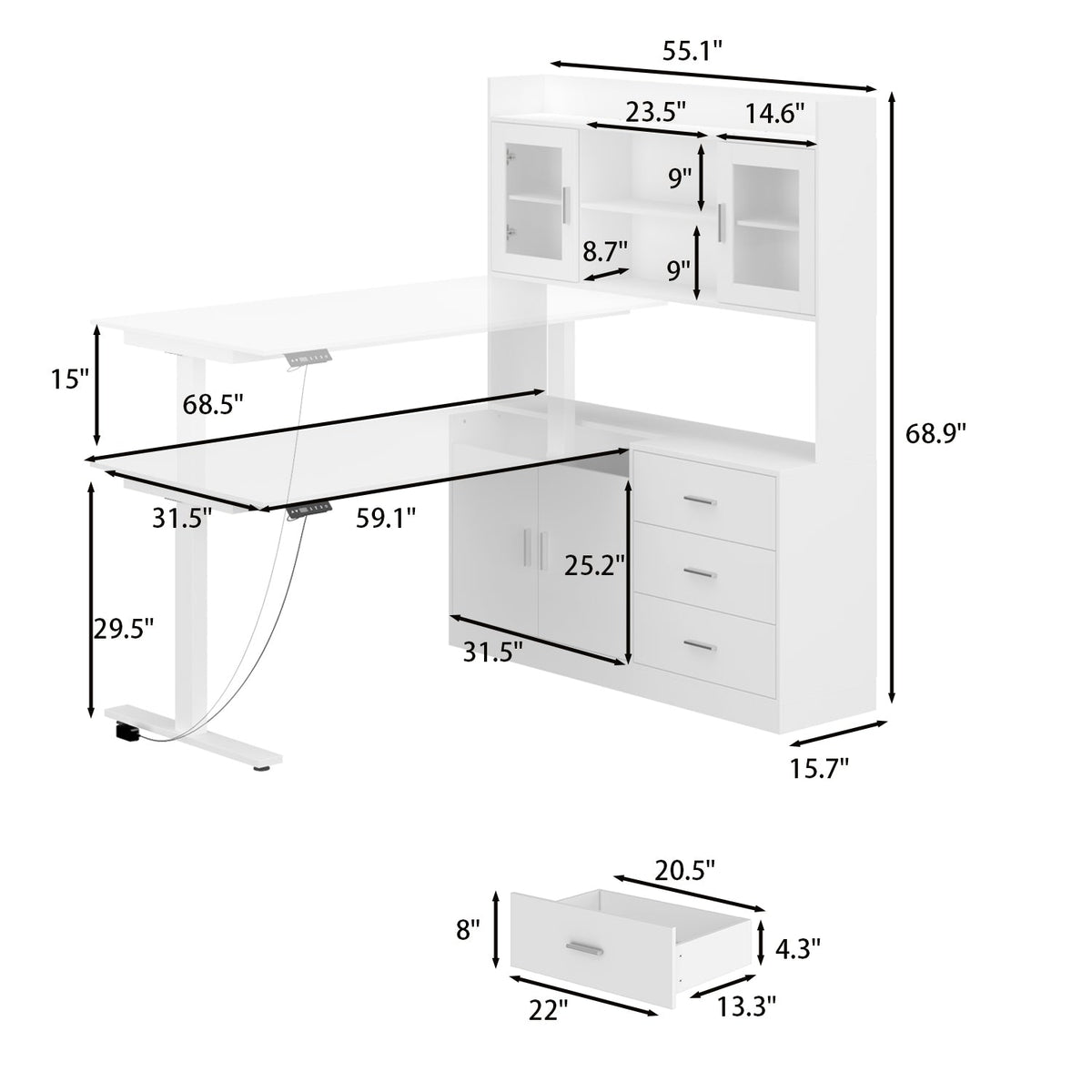 68.5" Modern White Standing Desk with Hutch and Storage Cabinet