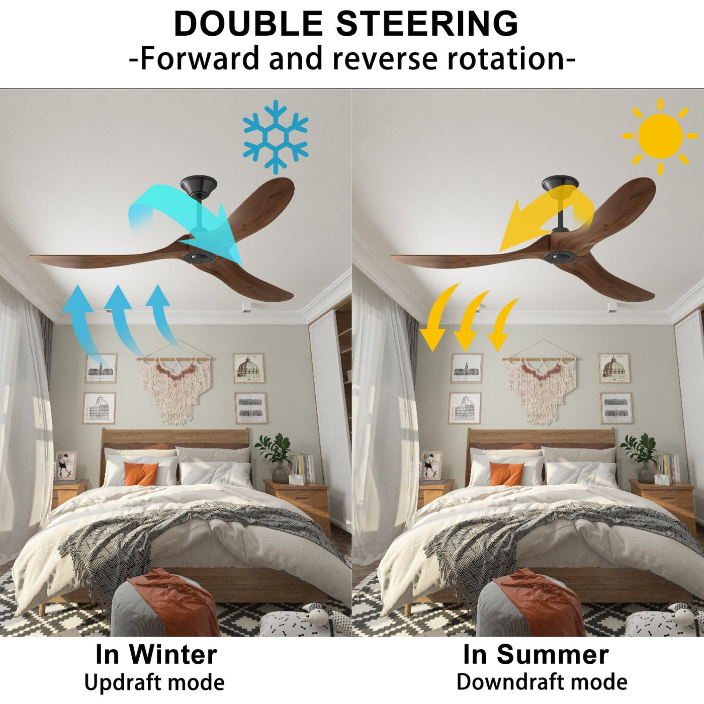 60" Modern Simple Brown Ceiling Fan With Wooden Streamline Design