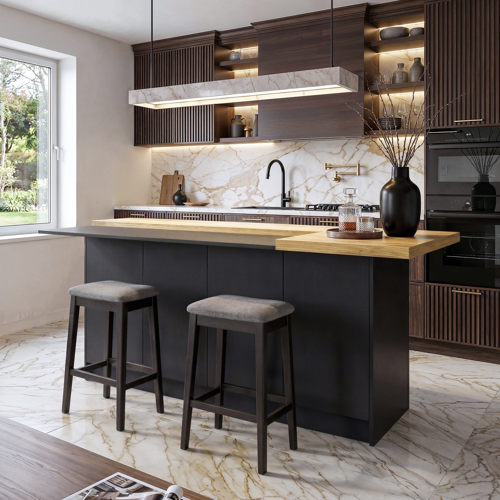77.3 inches Modern Black Kitchen Island With Adjustable Shelves And Butcher Block Top