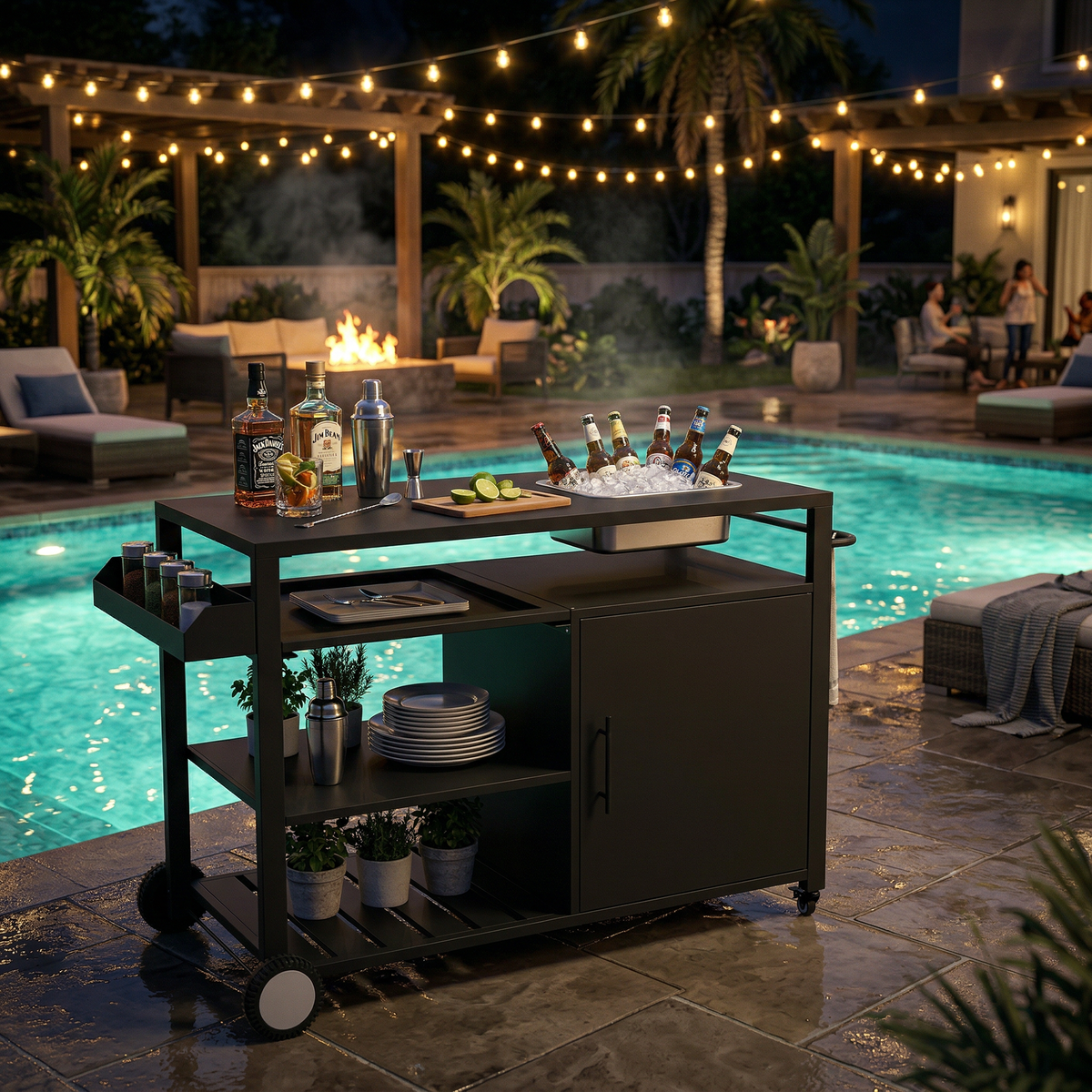 Black outdoor kitchen island cart with side shelf, storage cabinet, sink, and wheels
