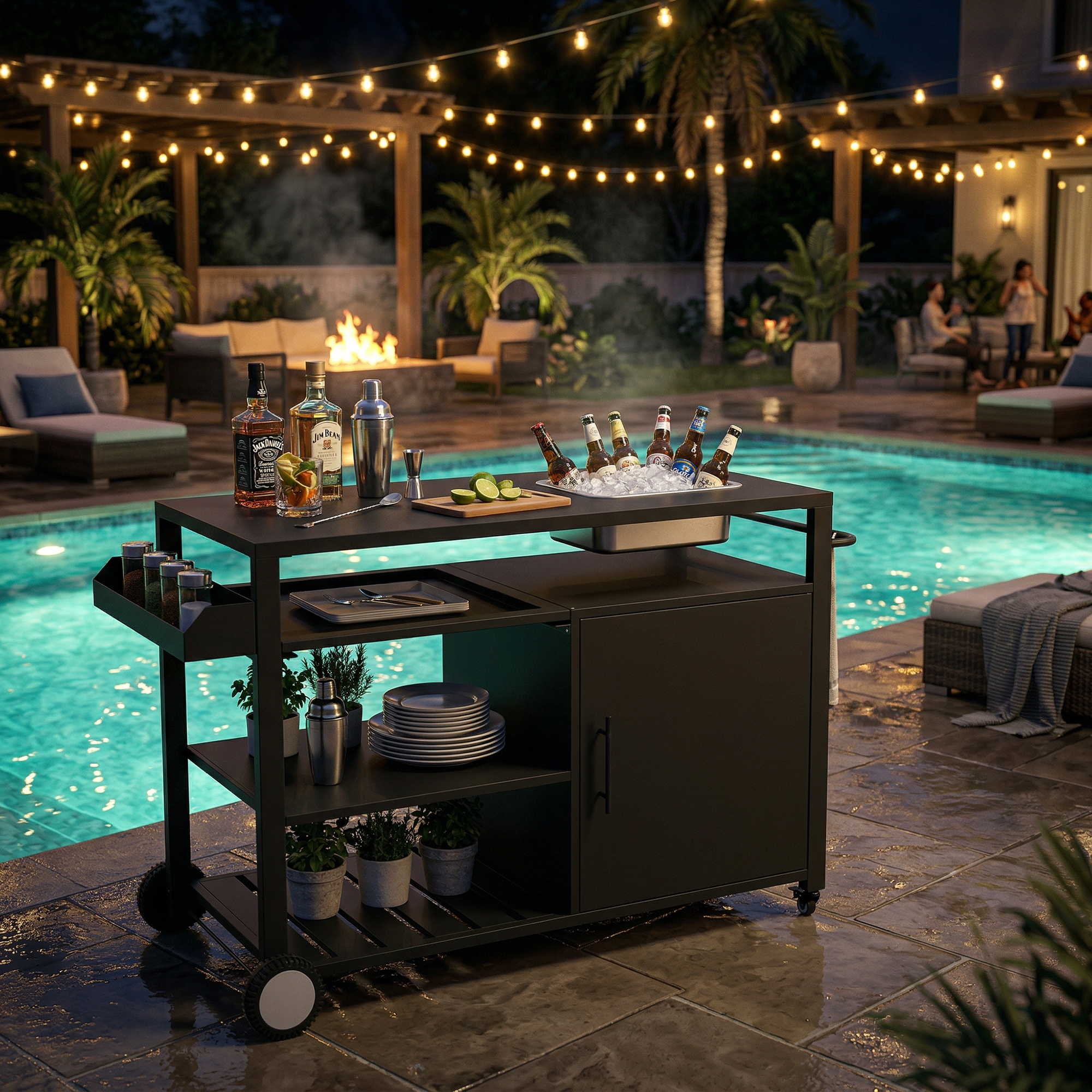 Black outdoor kitchen island cart with side shelf, storage cabinet, sink, and wheels
