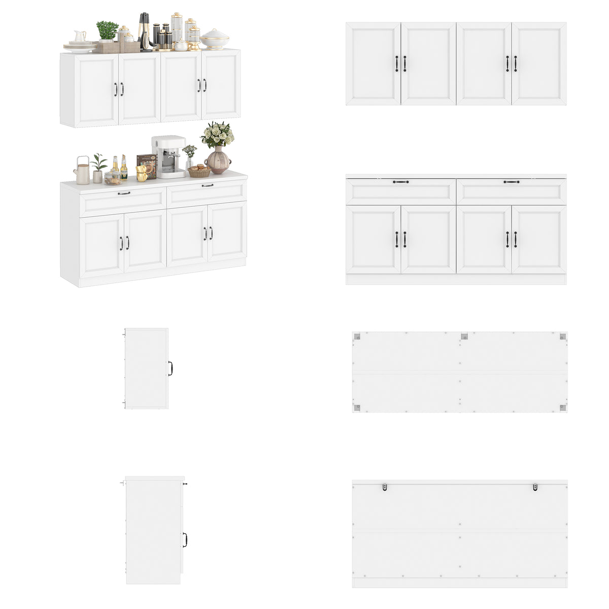 63" Modern White Kitchen Pantry Cabinet with 8 Doors, 2 Drawers & Large Central Worktop